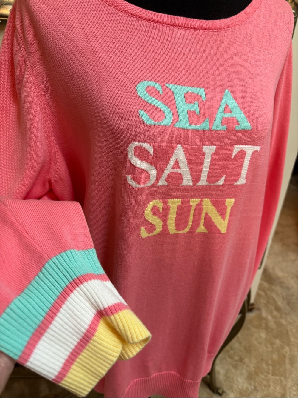 BELLE By Kim Gravel Pink ‘Sea Salt Sun' Relaxed Knit Crewneck Sweater Size XL - Picture 3 of 7